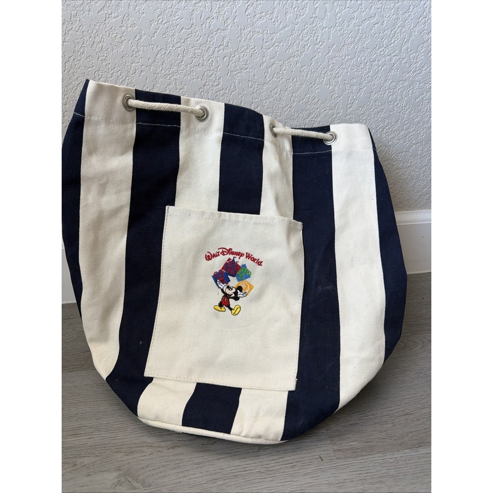 Vintage Disney World Pull String Duffel Bag 15"‎ Blue and White Vertical Stripes